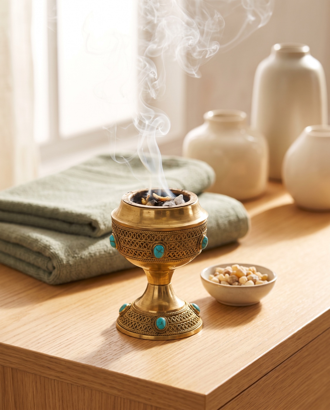 Traditional Somali uunsi incense burning in a brass burner